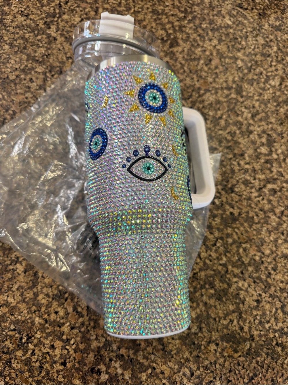 NWOT Custom Iridescent Crystal Tumbler with Evil Eye Design - White